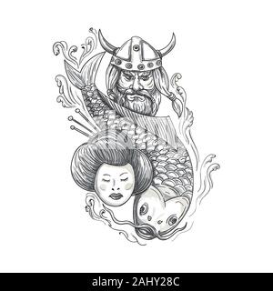 Ilustración estilo tatuaje de una cabeza de un guerrero vikingo norseman raider barbarian vistiendo horned casco con barba, carpas koi fish buceo y geisha