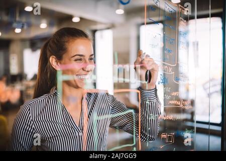 Mujer trabajando y escribiendo sobre la placa de vidrio en la oficina. Negocios, tecnología, investigación, concepto Foto de stock