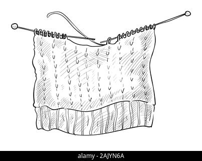 Hilos de lana y agujas aislados boceto, afición de tejer Ilustración del Vector