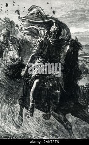 Esta ilustración se remonta a comienzos de la década de 1900 y muestra la huida de Pompeyo desde Pharsalia. El 9 de agosto de 48 A.C. en Pharsalus en Grecia central, Cayo Julio César y sus aliados forman frente al ejército de la república bajo el mando de Gnaeus Pompeius Magnus (también conocido como 'Pompeyo el Grande"). Pompeyo tuvo el respaldo de una mayoría de los senadores, de los cuales muchos eran optimates, y su ejército superado significativamente el veterano legiones de Cesárea. César, en una posición mucho más débil que Pompeyo, se encuentra aislado en un país hostil con sólo 22.000 hombres y corto de provisiones. Pompeyo wan