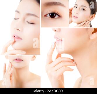 Collage de varias fotos para la mujer asiática hermosa maquillaje de cosméticos, girl mano toque la mejilla, el rostro de la belleza perfecta con wellness aislado en blanco Foto de stock