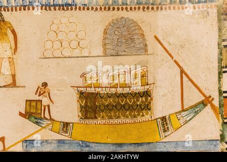 Patrimonio Mundial de la UNESCO, de Tebas en Egipto, El Valle de los Nobles, tumba de Menna. El barco de Menna está amarrado y espera a su dueño. Foto de stock