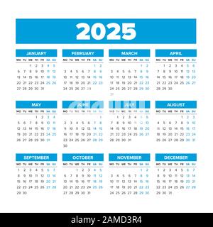 Calendario Vectorial Simple 2025. Las semanas comienzan el domingo