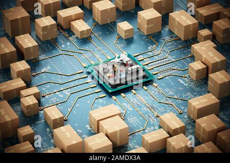 Gran grupo de cajas de cartón conectadas a microchip. Ilustración 3D. Foto de stock