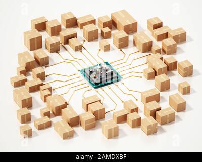 Gran grupo de cajas de cartón conectadas a microchip. Ilustración 3D. Foto de stock