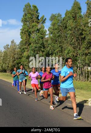 Los corredores de larga distancia de Etiopía durante la práctica a lo largo de la carretera de Jimma, al suroeste de Addis Abeba. Foto de stock