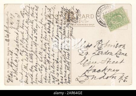 Reverso de la tarjeta postal eduardiana de principios de 1900 publicada en 1909 , Inglaterra, Reino Unido Foto de stock