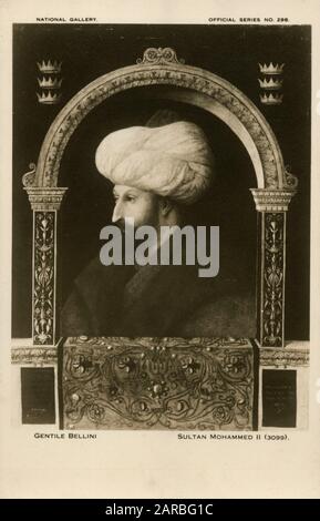 Mehmed II (1432-1481) (comúnmente conocido como Mehmed el Conquistador - Turco: Fatih Sultan Mehmet) - Sultán otomano que gobernó desde agosto de 1444 hasta septiembre de 1446 - retrato, pintado por el pintor veneciano Gentile Bellini. El original se celebra en la National Gallery de Londres. Foto de stock