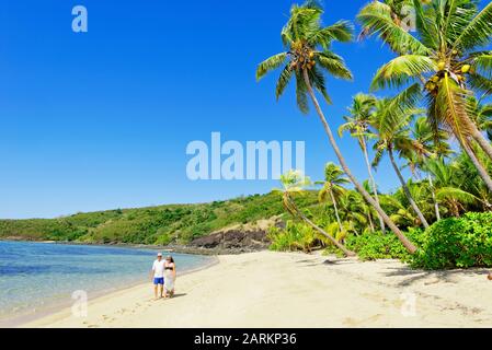 Pareja caminando en una playa tropical, Isla Dramaqa, grupo de la isla Yasawa, Fiji, islas del Pacífico Sur, Pacífico Foto de stock