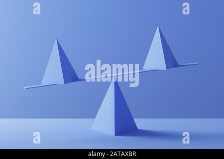 Dos pirámides en perfecto equilibrio sobre fondo azul - representación 3D Foto de stock