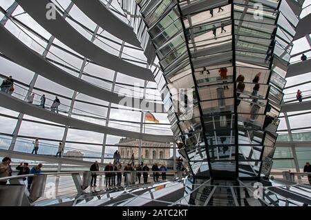 Vista clásica del moderno distrito gubernamental de Berlín con el famoso edificio Reichstag y Paul lóbulo Haus en penumbra, Berlín, Alemania Foto de stock