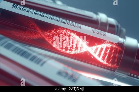 Células sanguíneas, molécula de ADN que se forma dentro del tubo de ensayo. Ilustración 3D, imagen conceptual de la ciencia y la tecnología.