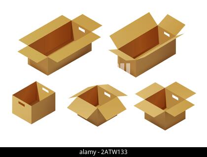 Configure la caja de embalaje de cartón isométrica. Iconos 3D realistas. Caja de cartón, embalaje artesanal, ilustración vectorial aislada Ilustración del Vector
