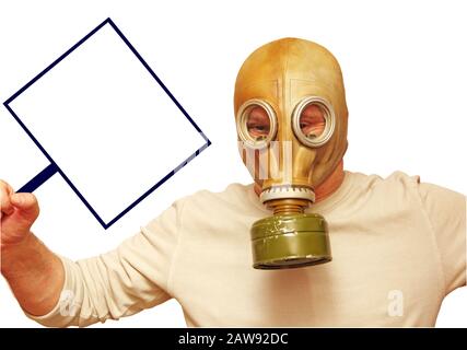 Detenga el concepto de virus. Los hombres en máscara de gas que muestran mantel con espacio vacío aislado sobre fondo blanco. Foto de stock