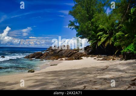 Olas del océano y rocas de granito playa Takamaka, Isla Mahe, Seychelles. Palmeras, arena, olas rompiendo, hermosa costa, cielo azul y agua turquesa