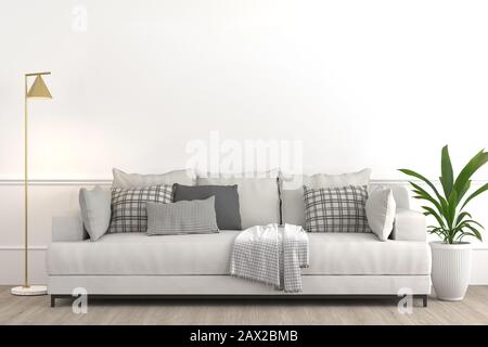 Diseño interior, sala de estar moderna y elegante que consiste en un sofá blanco con varias almohadas y textiles, lámpara y planta en una olla en blanco vacío Foto de stock
