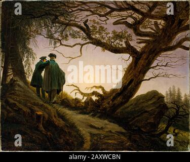 Caspar David Friedrich, Dos hombres contemplando la luna, pintura del paisaje, 1825-1830 Foto de stock