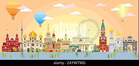 Vista panorámica horizontal del horizonte de Moscú, ilustración de viaje con los principales monumentos arquitectónicos en estilo plano. Concepto de viaje por todo el mundo. Tierra de la ciudad de Moscú Ilustración del Vector