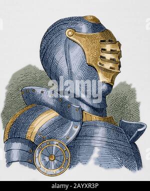 Casco medieval de caballero con visera. Grabado. Museo Militar, 1883. Coloración posterior. Foto de stock