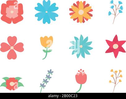 Flores estilo plano icono conjunto de diseño, naturaleza floral planta ornamento jardín decoración y botánica tema Vector ilustración