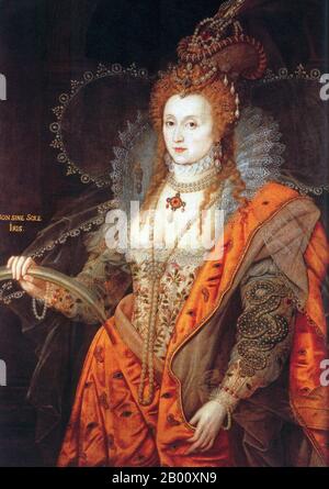 Inglaterra: "El retrato del arco iris de la reina Isabel I". Óleo sobre lienzo atribuido a cualquiera de los dos Isaac Oliver (c. 1565–1617) o Marcus Gheeraerts the Younger (1561–1636), c. 1600-1602. Elizabeth I (7 de septiembre de 1533 – 24 de marzo de 1603) fue reina regnant de Inglaterra y reina regnant de Irlanda del 17 de noviembre de 1558 hasta su muerte. A veces llamada la Reina Virgen, Gloriana, o buena Reina Bess, Isabel era el quinto y último monarca de la dinastía Tudor. La política exterior de Elizabeth I con respecto a Asia, África y América Latina demostró una nueva comprensión del papel económico global de Inglaterra