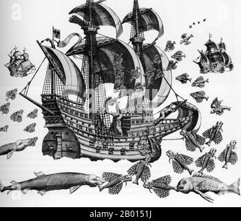 Portugal/AMÉRICAS: La tripulación a bordo de la Victoria en el famoso viaje de Magallanes al Pacífico en 1520 informó de que volaba pescado. Esto despertó al menos la vívida imaginación de un artista europeo. Estampado de madera de Johann Theodor de Bry (1561-1623), 1594. Fernando Magallanes, o Fernão de Magalhães, (c. 1480–1521) fue un explorador portugués. Nació en Sabrosa, en el norte de Portugal, pero más tarde obtuvo la nacionalidad española para servir al rey Carlos I de España en busca de una ruta hacia el oeste hacia las “Islas Espadas” (modernas Islas Maluku en Indonesia). Foto de stock