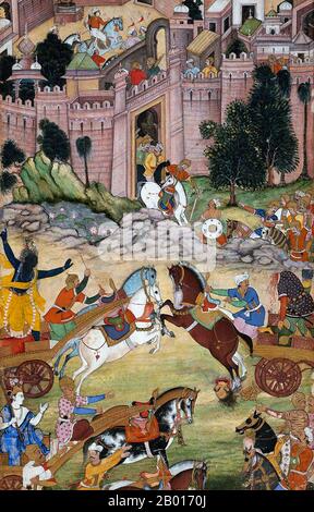 India: 'Krishna mata a Shrigala'. Gouache sobre pintura de papel, c. 1585-1595. Krishna, o Krisna, es un dios importante en el hinduismo que es tradicionalmente acreditado con la autoría del clásico hindú 'Bhagavad Gita', una historia de deber y moralidad establecida alrededor de la derrota de Krishna de su primo Arjuna en la Guerra de Kurukshetra. Krishna también aparece en varios eventos en la epopeya hindú 'Mahabharata'. Generalmente se le representa como de piel azul, y a menudo se le retrata como un niño joven travieso tocando una flauta. En esta escena, Krishna decapita al rey Shrigala en una pelea de carros.