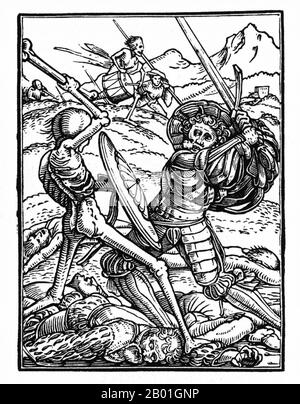 Alemania: Escena de 'La danza de la muerte' de Hans Holbein el Joven (c. 1497-1543), siglo XVI. Esta es una de las célebres series de pequeñas xilografías que Holbein diseñó sobre el tema de la muerte. En palabras de Christian Rümelin: 'La muerte se representa en varias formas en estas ilustraciones, que van desde el agente asesino (del monje, comerciante, chandler, hombre rico, caballero, conde y noble) al comentarista de advertencia (del papa, emperador, cardenal, juez, concejal, abogado y predicador)'. Foto de stock