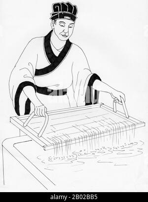 Cai Lun (chino simplificado: 蔡伦; chino tradicional: 蔡倫; pinyin: Cài Lún; Wade–Giles: TS'ai Lun) (ca. 50 CE – 121), nombre de cortesía Jingzhong (敬仲), fue un eunuco y funcionario político chino. Tradicionalmente es considerado como el inventor del papel y del proceso de fabricación de papel, en formas reconocibles en los tiempos modernos como papel (en contraposición al papiro). Aunque las primeras formas de papel habían existido en China desde el siglo II AEC, fue responsable de la primera mejora significativa y estandarización de la fabricación de papel al añadir nuevos materiales esenciales a su composición. Foto de stock