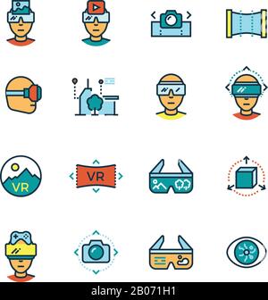 Realidad virtual, ordenador virtual, comunicación visual innovación tecnologías futuras iconos de línea fina con elementos planos en color. Ilustración vectorial Ilustración del Vector