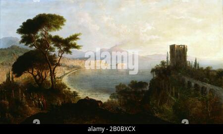 George Loring Brown, puesta de sol, Vista del Vesubio y la Bahía de Nápoles, 1864, óleo sobre lienzo, 34 1/16 pulg. X 60 3/16 pulg. (86.52 cm x 152.88 cm