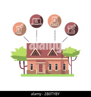 Concepto De Hogar Inteligente. Electrodomésticos Inteligentes Conectados A  La Red Doméstica. Dispositivos Controlados A Distancia En La Casa. Casa  Inteligente. Ilustración De Vector En Estilo Plano Ilustraciones svg,  vectoriales, clip art vectorizado