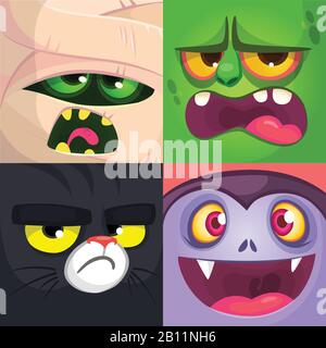 Avatares cuadrados de Halloween. Mamá, zombi, gato negro, vampiro. Ilustraciones de dibujos animados vectoriales