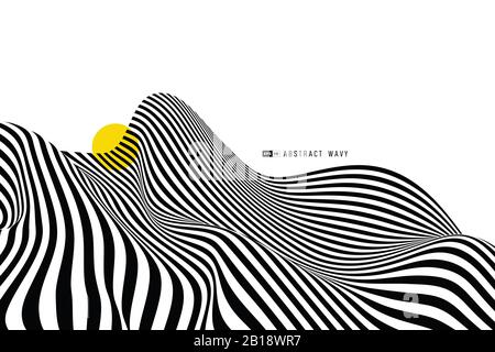 Línea ondulada de distorsión de rayas negras y blancas abstractas decoran el fondo de la cubierta. Se utiliza para anuncios, pósteres, ilustraciones, diseño de plantillas, impresión. Ilustración v
