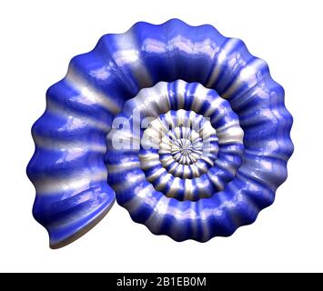 Gráfico informático 3D, amoníaco de color blanco azul (caracol fosilizado) Foto de stock
