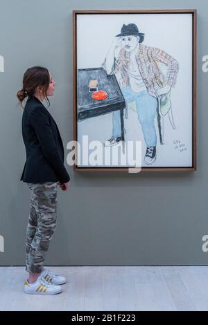 Londres, Reino Unido. 25 Feb 2020. Bruno Mars - una exposición de retratos de David Hockney en Annely Juda Fine Art en Londres que tendrá lugar del 28 de febrero al 25 de abril de 2020. El espectáculo coincide con la exposición de Hockney en la Galería Nacional de Retratos, que se abre el 27 de febrero de 2020. La exposición incluye 18 retratos sobre lienzo de amigos y asociados de Hockney. Crédito: Guy Bell/Alamy Live News Foto de stock