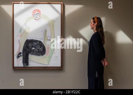Londres, Reino Unido. 25 Feb 2020. Ed Sheeran - una exposición de retratos de David Hockney en Annely Juda Fine Art en Londres que se llevará a cabo del 28 de febrero al 25 de abril de 2020. El espectáculo coincide con la exposición de Hockney en la Galería Nacional de Retratos, que se abre el 27 de febrero de 2020. La exposición incluye 18 retratos sobre lienzo de amigos y asociados de Hockney. Crédito: Guy Bell/Alamy Live News Foto de stock