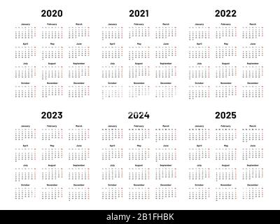 Cuadrícula de calendario. calendarios anuales de 2020 2021 y 2022. 2023, 2024 años organizador y 2025 años días laborables juego de ilustración vectorial