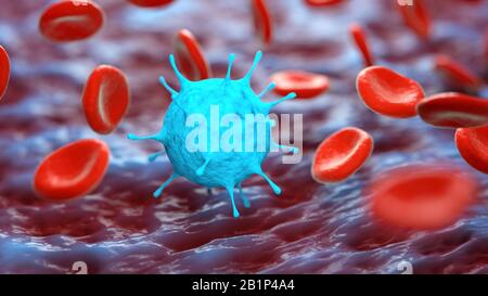 Ilustración 3D de un virus en el sistema sanguíneo. Epidemia de enfermedad viral, Infección, imagen conceptual.
