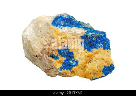 Linarita, mineral cristalino, hidróxido de sulfato de plomo de cobre combinado, encontrado en Bingham, Nuevo México sobre fondo blanco Foto de stock