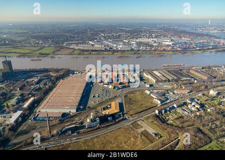 Fotografía aérea, Logport II, Bodegas Logistic Schnelleke, RRT Rhein-Ruhr Terminal Company for Container and Goods Handling mbH, River Rhine, Duis Foto de stock