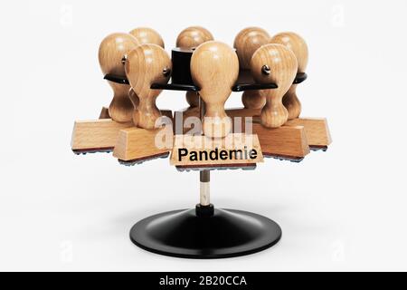 Un sello con la inscripción Pandemie (Pandemic) cuelga en un estante de sellos Foto de stock