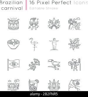 Píxeles de carnaval brasileño perfecto conjunto de iconos lineales. Fiesta en la calle. Tradiciones de América del Sur. Flamingo. Símbolos de contorno de línea fina personalizables Ilustración del Vector