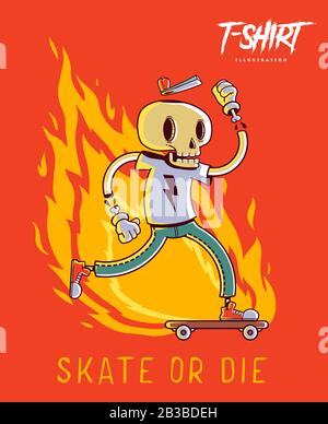 Trippy esqueleto de dibujos animados de skate, ilustración para