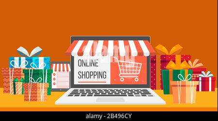 Ilustración de compras en línea , con presente, portátil, tablet y un bonito fondo Ilustración del Vector