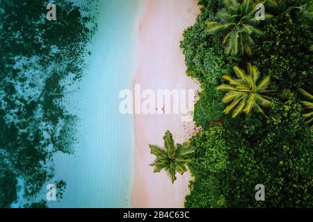 Vista aérea de una joven que se relaja en la playa de arena paradisíaca tropical rodeada de palmeras y aguas cristalinas del océano.