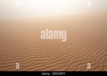 Imagen abstracta de una duna de arena estampada en densa niebla en una mañana de invierno. Liwa Desert, Abu Dhabi, Emiratos Árabes Unidos.
