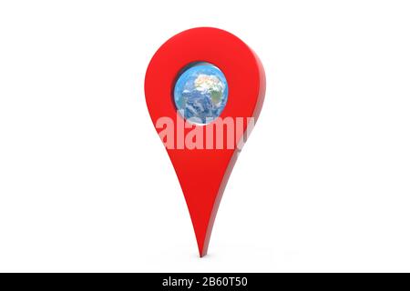 ilustración 3d: símbolo de puntero gps rojo con el planeta azul - tierra dentro de él. Fondo blanco aislado. Foto de stock