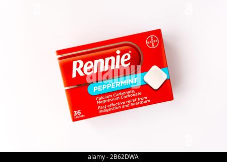 Fotografía de la caja de Rennie indigestión y tabletas de alivio de acidez estomacal Foto de stock