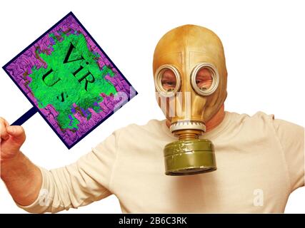 Concepto de virus de parada. Hombres en máscara de gas mostrando el virus creativo de la placa aislado sobre fondo blanco. Foto de stock